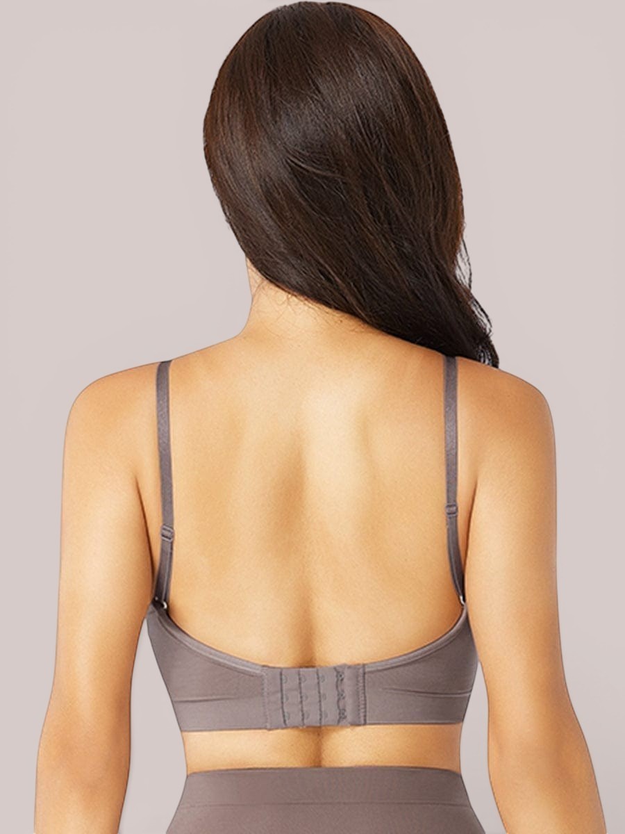 www.modusactive.com Sculpt Contour Bra in grey, seamless nylon and elastane blend with adjustable straps and hook-and-eye closure.