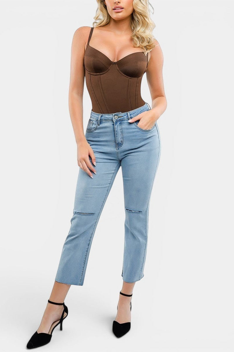 MODUS Sculpt™ Contour Bodysuit in brown nylon and spandex with adjustable straps and built-in shapewear.