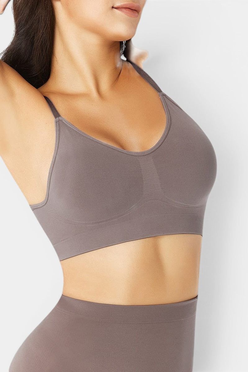 MODUS Sculpt™ Contour Bra in taupe, made from nylon and elastane, with removable padding and adjustable straps.