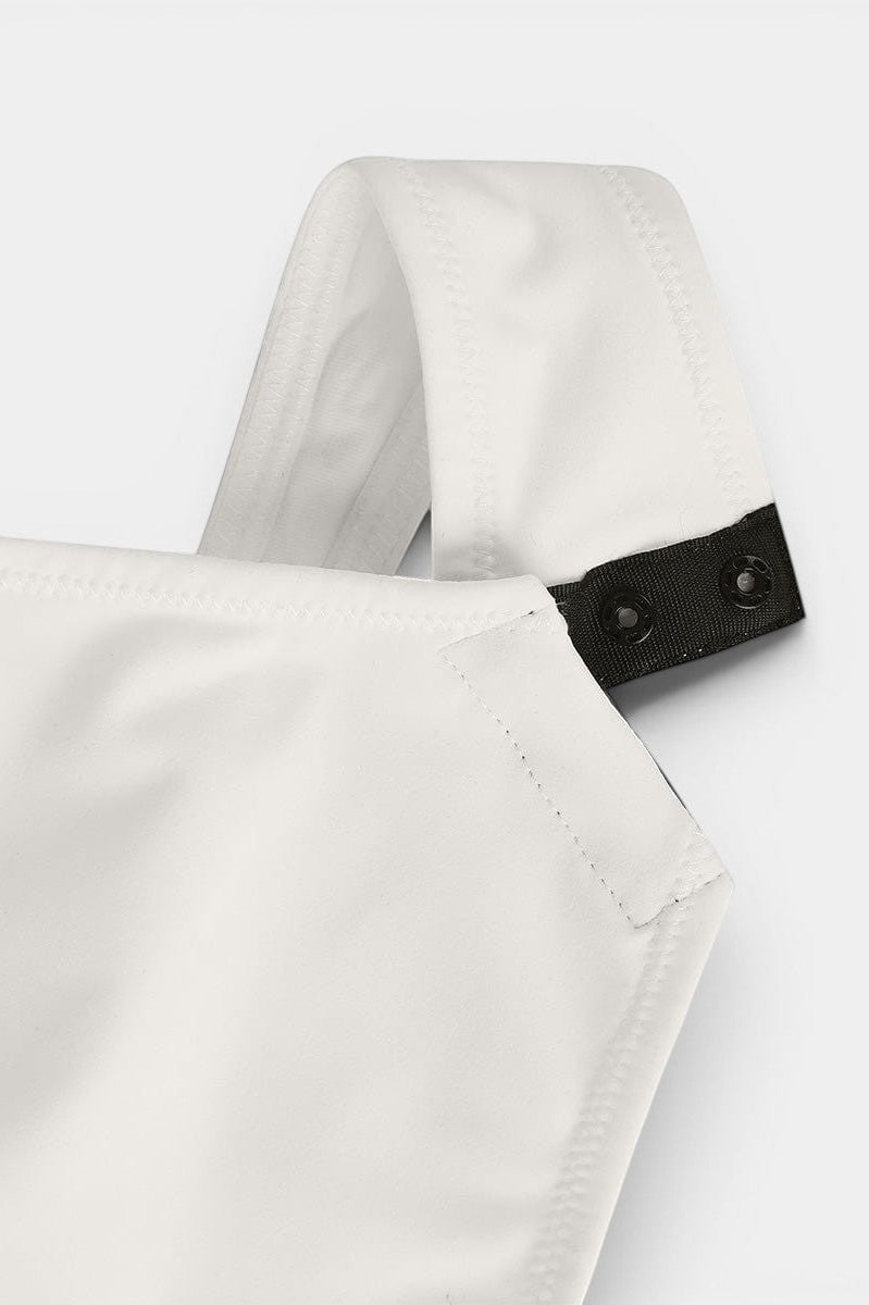 MODUS Sculpt™ Contour Bodysuit in white, made of nylon and spandex, with adjustable straps and snap closure.