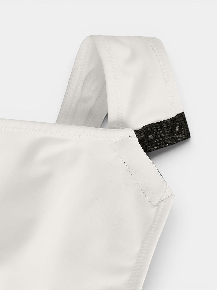 MODUS Sculpt™ Contour Bodysuit in white, made of nylon and spandex, with adjustable straps and snap closure.