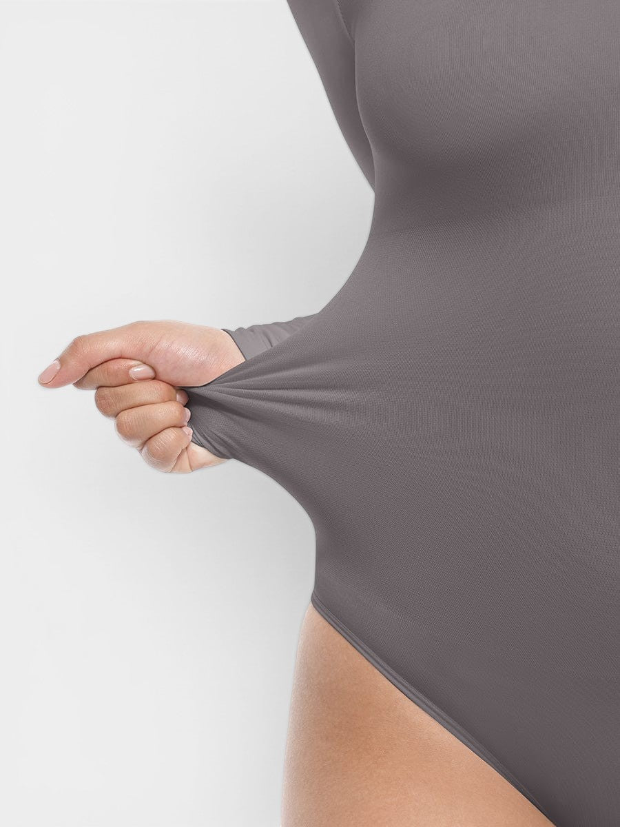 www.modusactive.com Sculpt Long Sleeve Bodysuit in grey nylon and spandex blend with tummy and arm control.