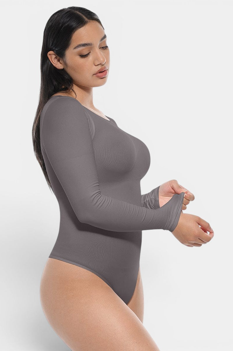 www.modusactive.com Sculpt Long Sleeve Bodysuit in grey nylon and spandex with tummy and arm control.