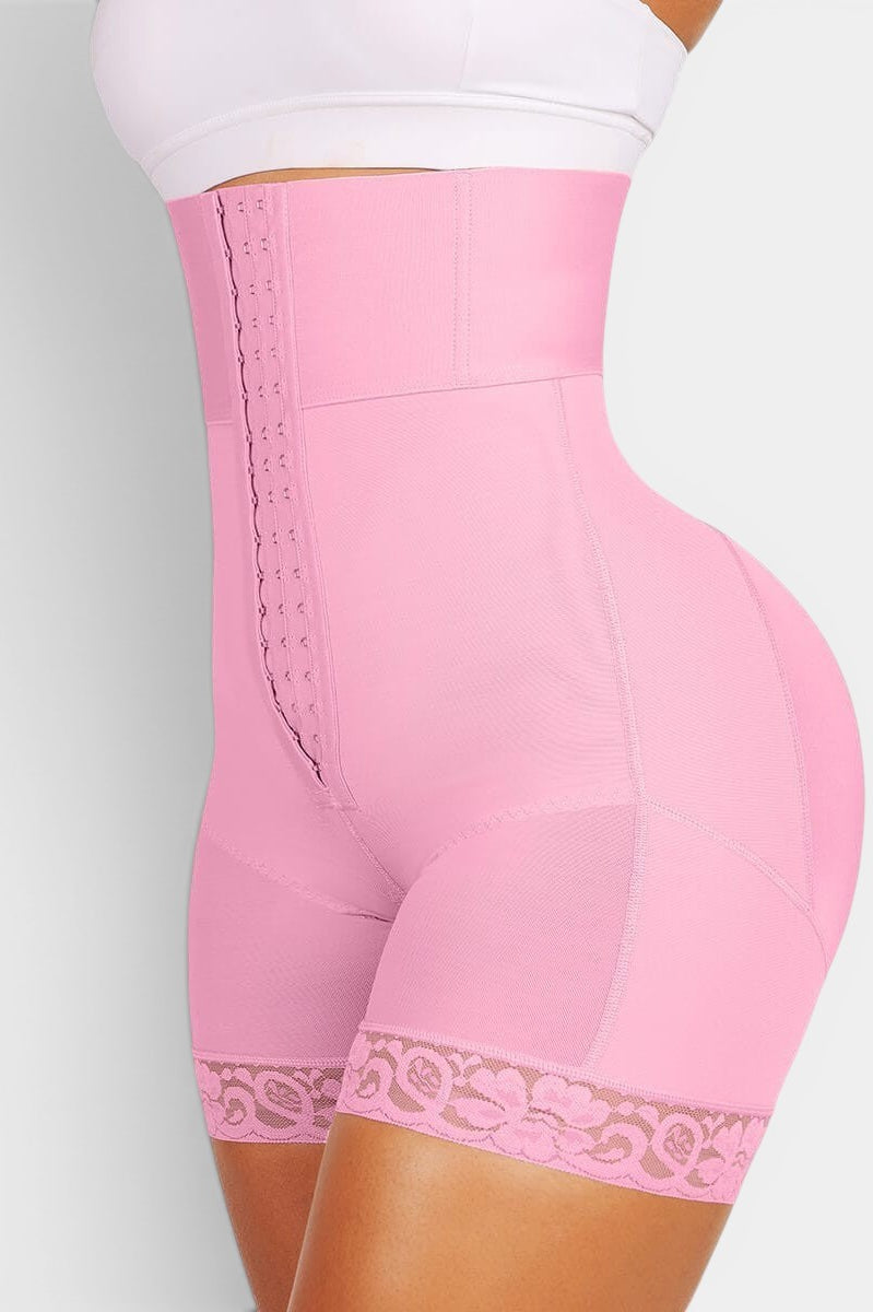 MODUS Sculpt™ pink high-waist bodysuit with triple closure, boning, and lace trim. Nylon and spandex blend.