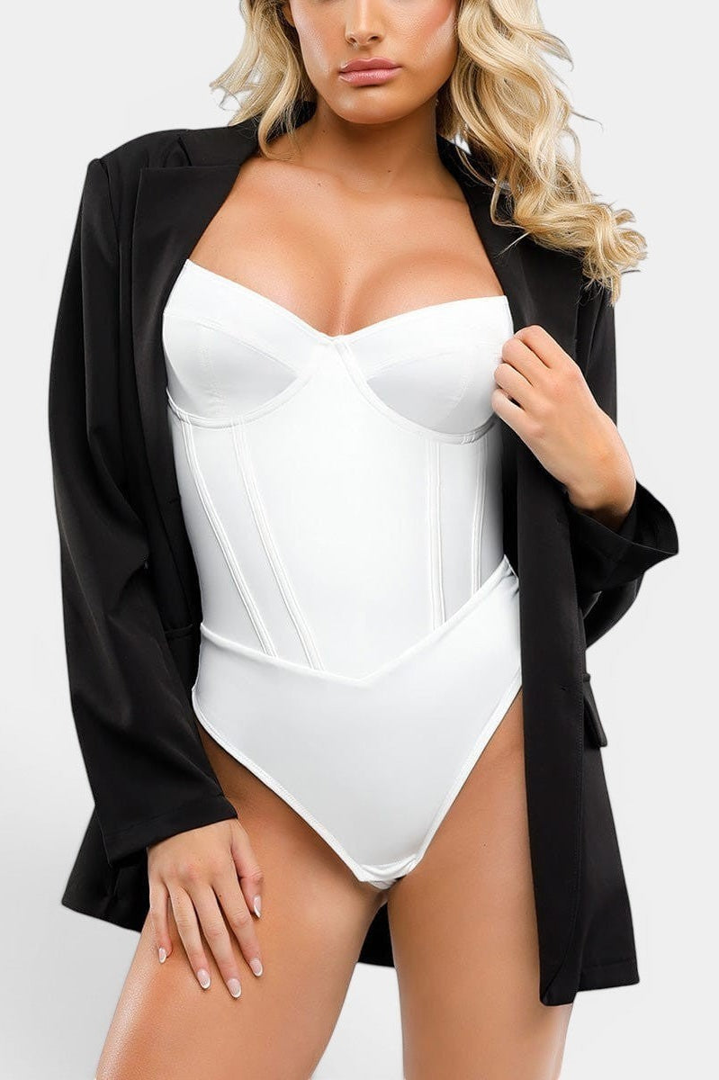 MODUS Sculpt™ white contour bodysuit with built-in shapewear, underwire, and adjustable straps. Nylon/Spandex.