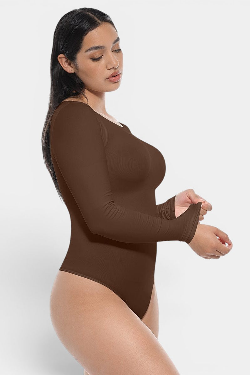 www.modusactive.com Sculpt™ long sleeve bodysuit in brown, made of nylon and spandex, with tummy and arm slimming features.
