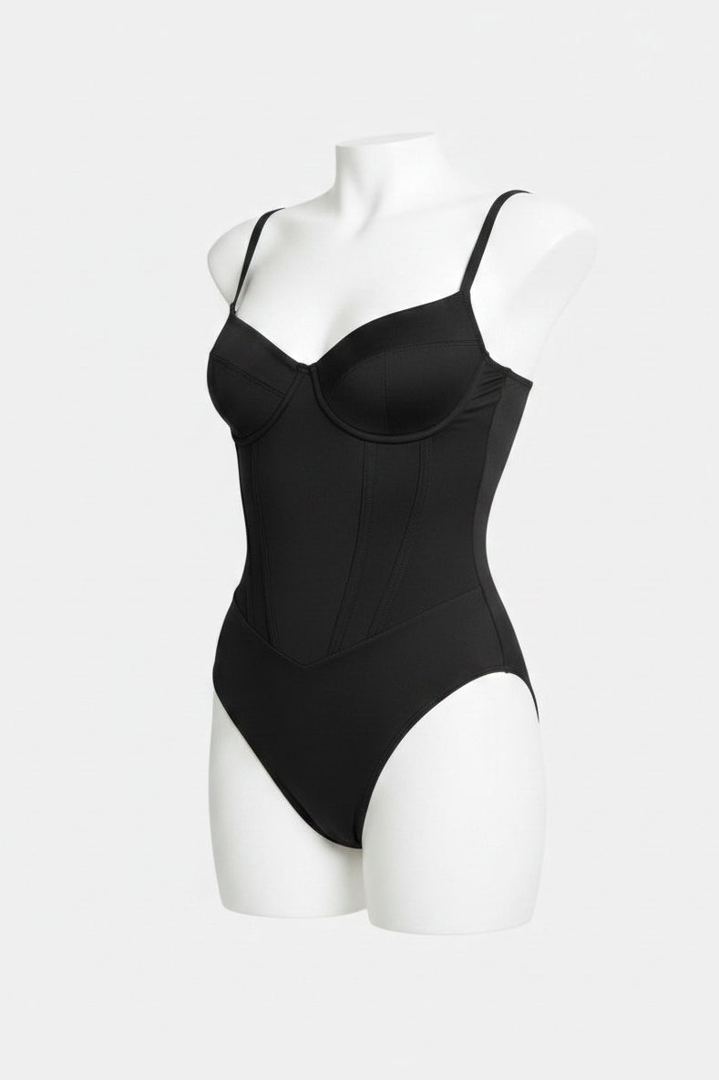 MODUS Sculpt™ black nylon and spandex contour bodysuit with adjustable straps and built-in shapewear.