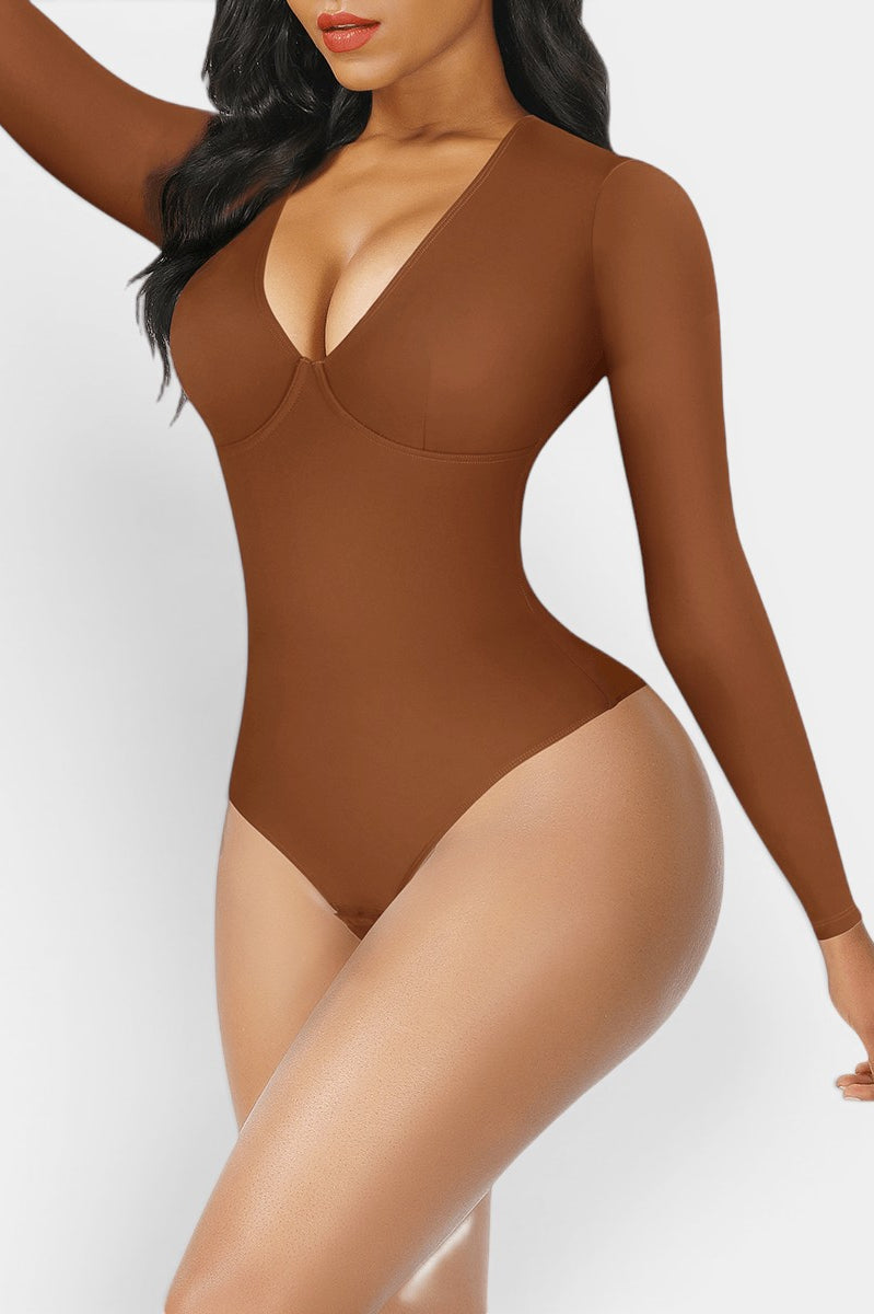 www.modusactive.com brown long-sleeve V-neck bodysuit with thong styling and tummy control