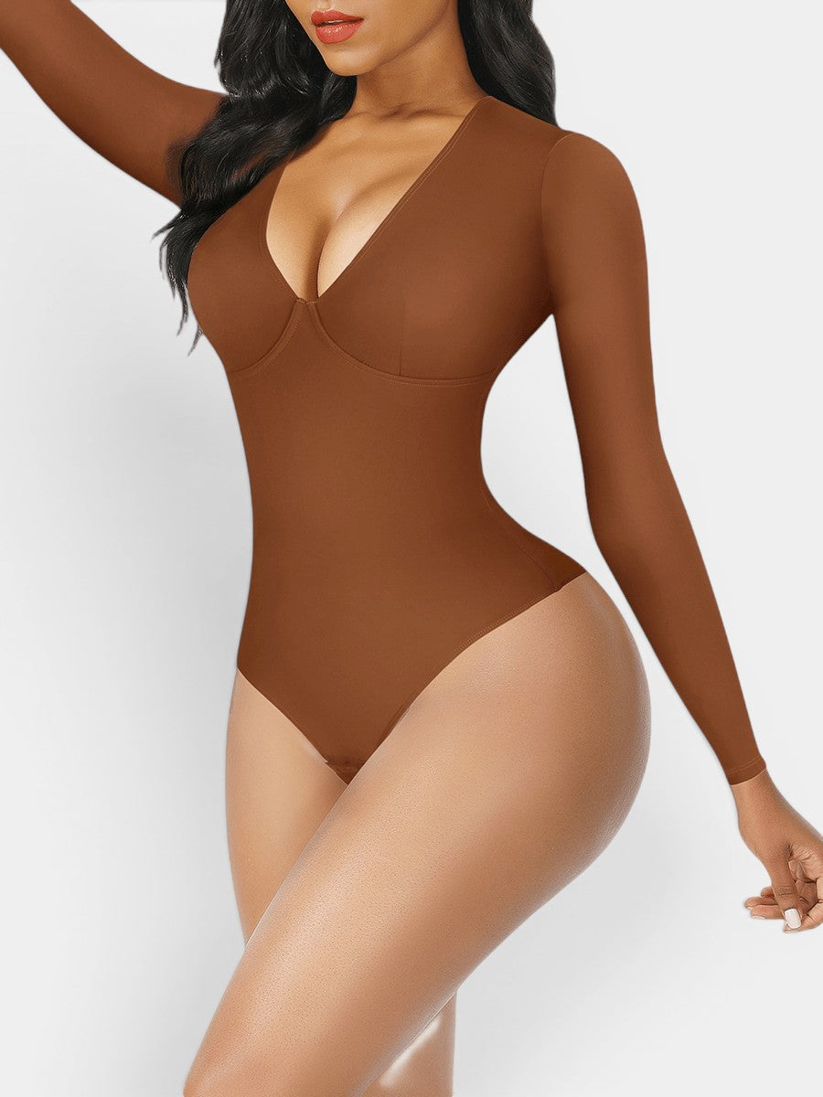 www.modusactive.com brown long-sleeve V-neck bodysuit with thong styling and tummy control