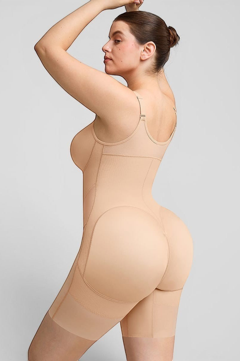 www.modusactive.com Sculpt™ Full-Bust Bodysuit in beige nylon-spandex with dual-compression technology and seamless leg openings.