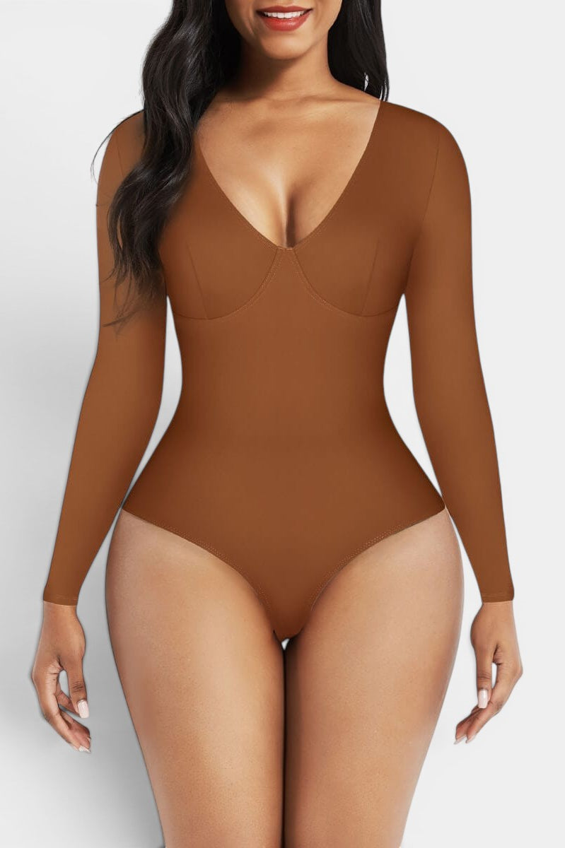 www.modusactive.com Sculpt V-Neck Bodysuit in brown, long sleeve, thong style, made of nylon and spandex blend.