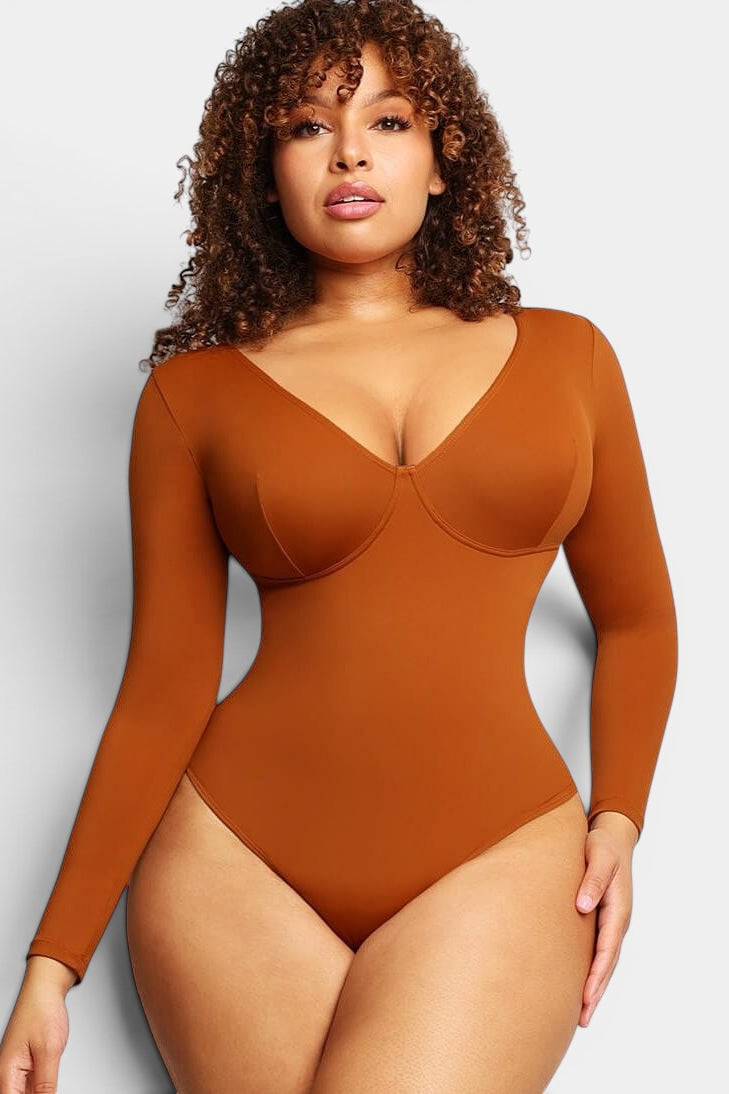 www.modusactive.com Sculpt™ V-Neck Bodysuit in rust brown, long sleeve, thong back, and snap closure.