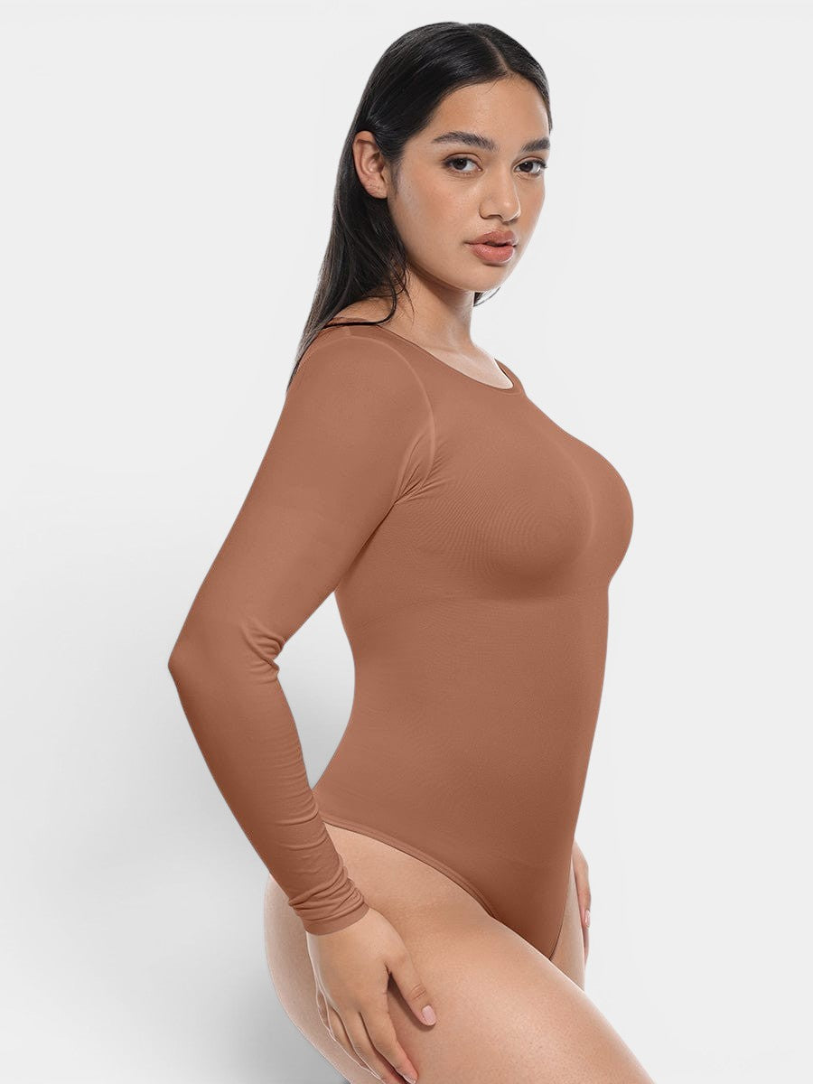 MODUS Sculpt™ Long Sleeve Bodysuit in brown, made of nylon and spandex, features tummy and arm slimming.
