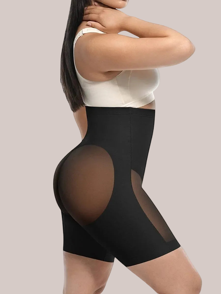 www.modusactive.com black high-waisted shaping shorts with mesh panels on hips and legs, tummy control and butt lift.