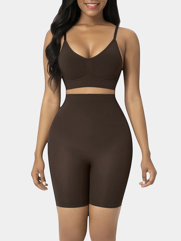 Modusactive brown seamless high-waist butt lifter shorts made of nylon and elastane for tummy control and slimming effect.