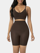 Modusactive brown seamless high-waist butt lifter shorts made of nylon and elastane for tummy control and slimming effect.