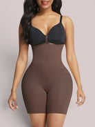 www.modusactive.com brown high-waisted shaping shorts made of nylon and spandex with a seamless design and anti-slip features.