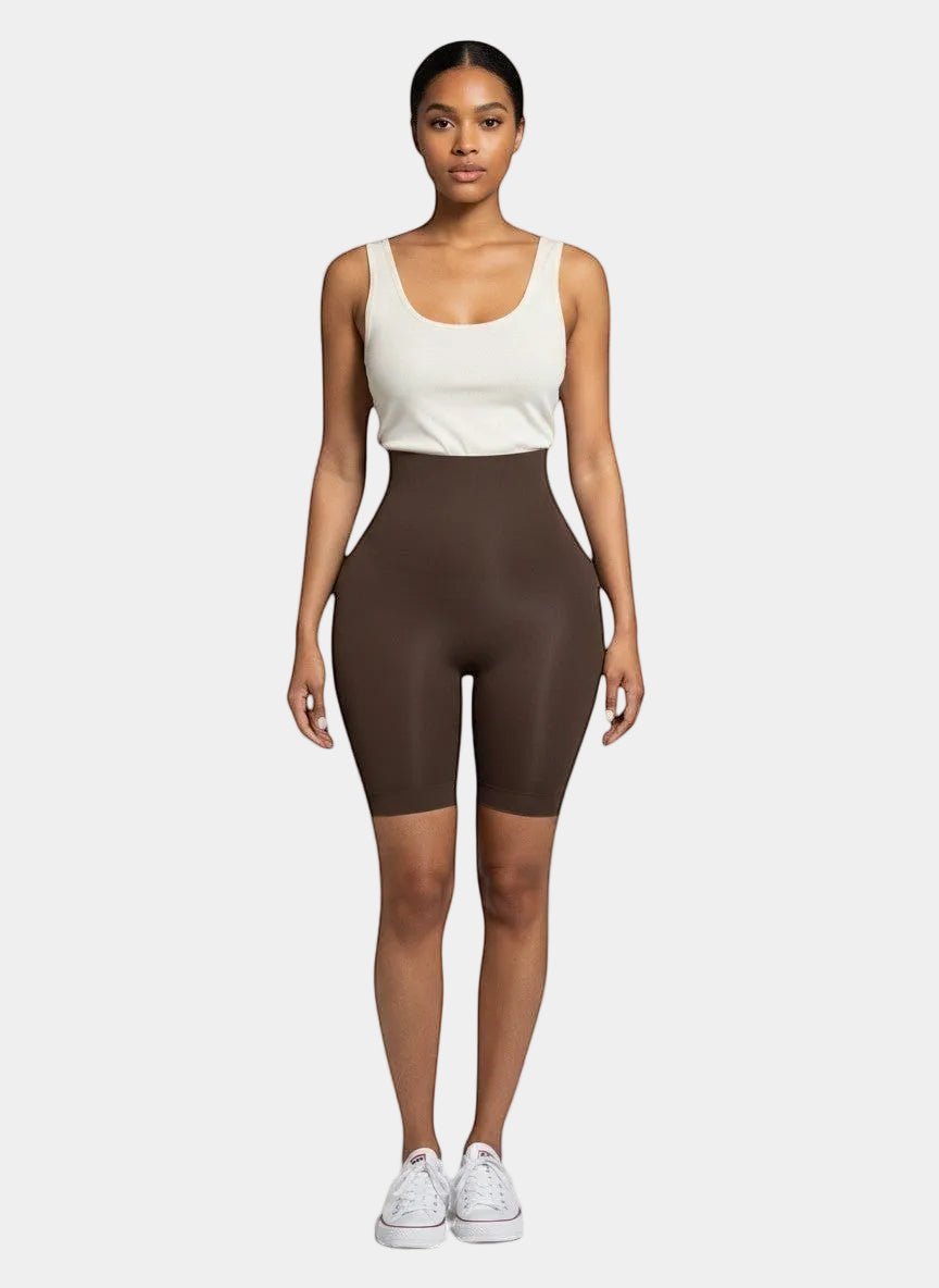 Modusactive brown high-waisted shaping shorts made of nylon and spandex with a seamless design and 3 buckle closures.