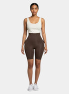 Modusactive brown high-waisted shaping shorts made of nylon and spandex with a seamless design and 3 buckle closures.
