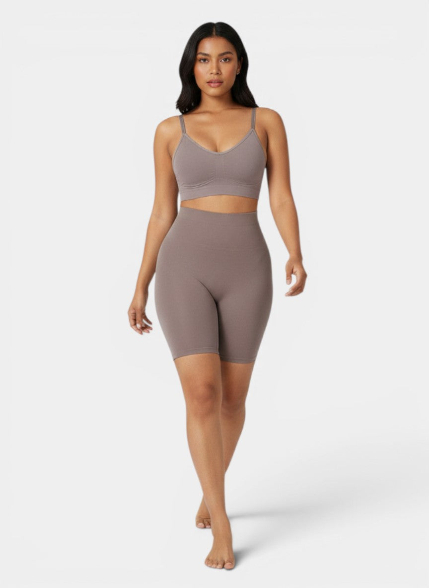 www.modusactive.com taupe seamless high-waist butt lifter shorts with a no-slip waistband and tummy control.