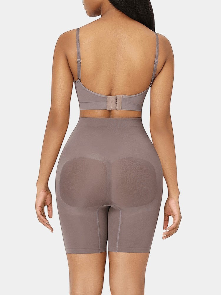 www.modusactive.com taupe seamless high-waist butt lifter shorts with tummy control and a no-slip waistband.