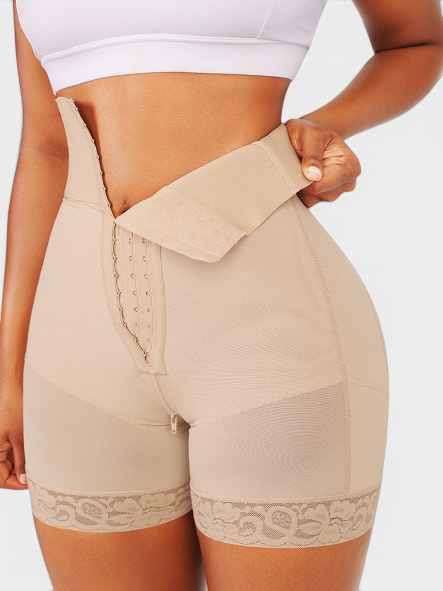 www.modusactive.com beige high-waist bodysuit with triple closure, tummy control, and lace trim. 70% nylon, 30% spandex.