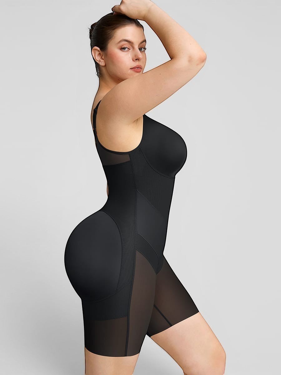 www.modusactive.com black full-bust bodysuit with dual-compression technology and sheer leg panels.