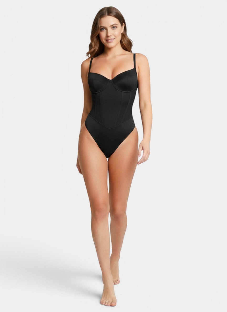 MODUS Sculpt™ Contour Bodysuit in black nylon and spandex blend with adjustable straps and built-in shapewear.