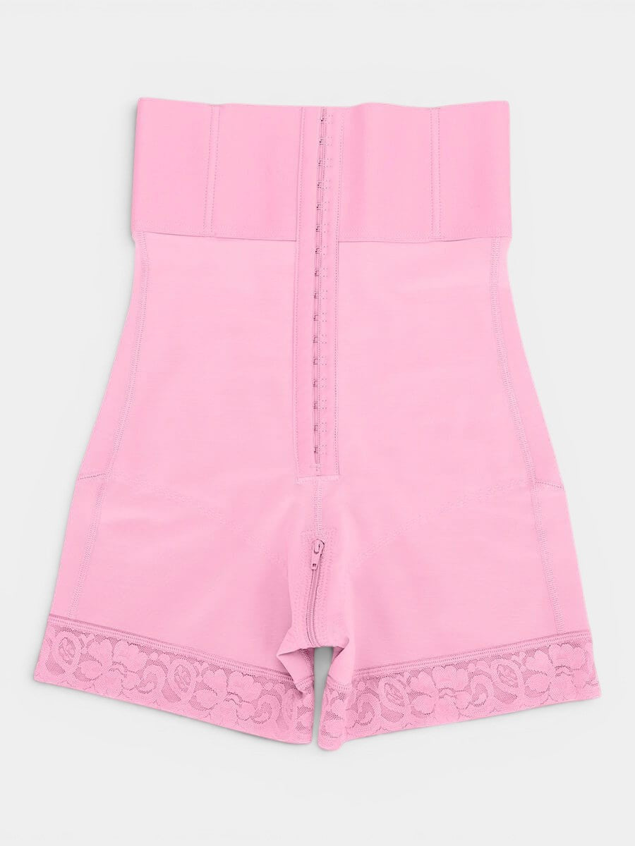 www.modusactive.com pink high-waist bodysuit with triple closure, boning, and lace trim. Nylon and spandex blend.
