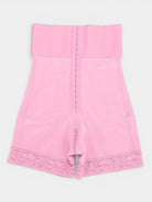 www.modusactive.com pink high-waist bodysuit with triple closure, boning, and lace trim. Nylon and spandex blend.