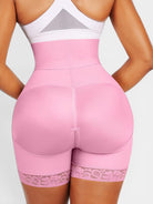 www.modusactive.com pink high-waisted bodysuit with triple closure, tummy control, and butt lift features. Made of nylon and spandex.