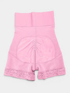 www.modusactive.com pink high-waist bodysuit with triple closure, tummy control, and lace trim. Nylon/spandex blend.