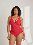 www.modusactive.com red ruched V-neck one-piece swimsuit with gold ring embellishment and wide straps