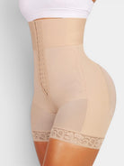 www.modusactive.com Sculpt Triple-Closure Bodysuit in beige, high-waisted with triple hook-and-eye closure, tummy control, and lace trim.