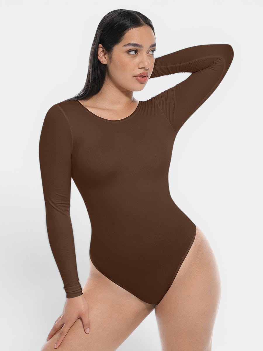 www.modusactive.com Sculpt™ long sleeve bodysuit in brown, made of nylon and spandex, with tummy and arm control.