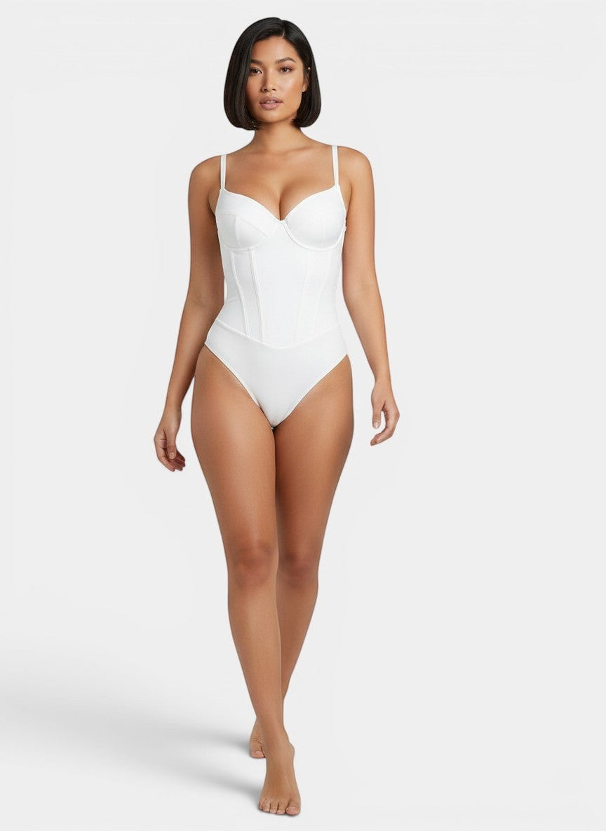 MODUS Sculpt™ Contour Bodysuit in white, a seamless nylon and spandex blend with adjustable straps and built-in shapewear.