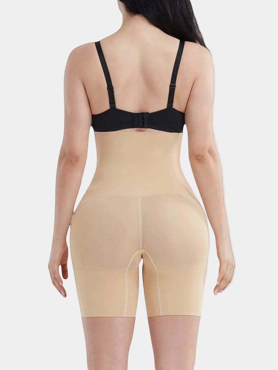 www.modusactive.com beige high-waisted shaping shorts with 3 buckles and side glues to prevent slipping, made of nylon and spandex.