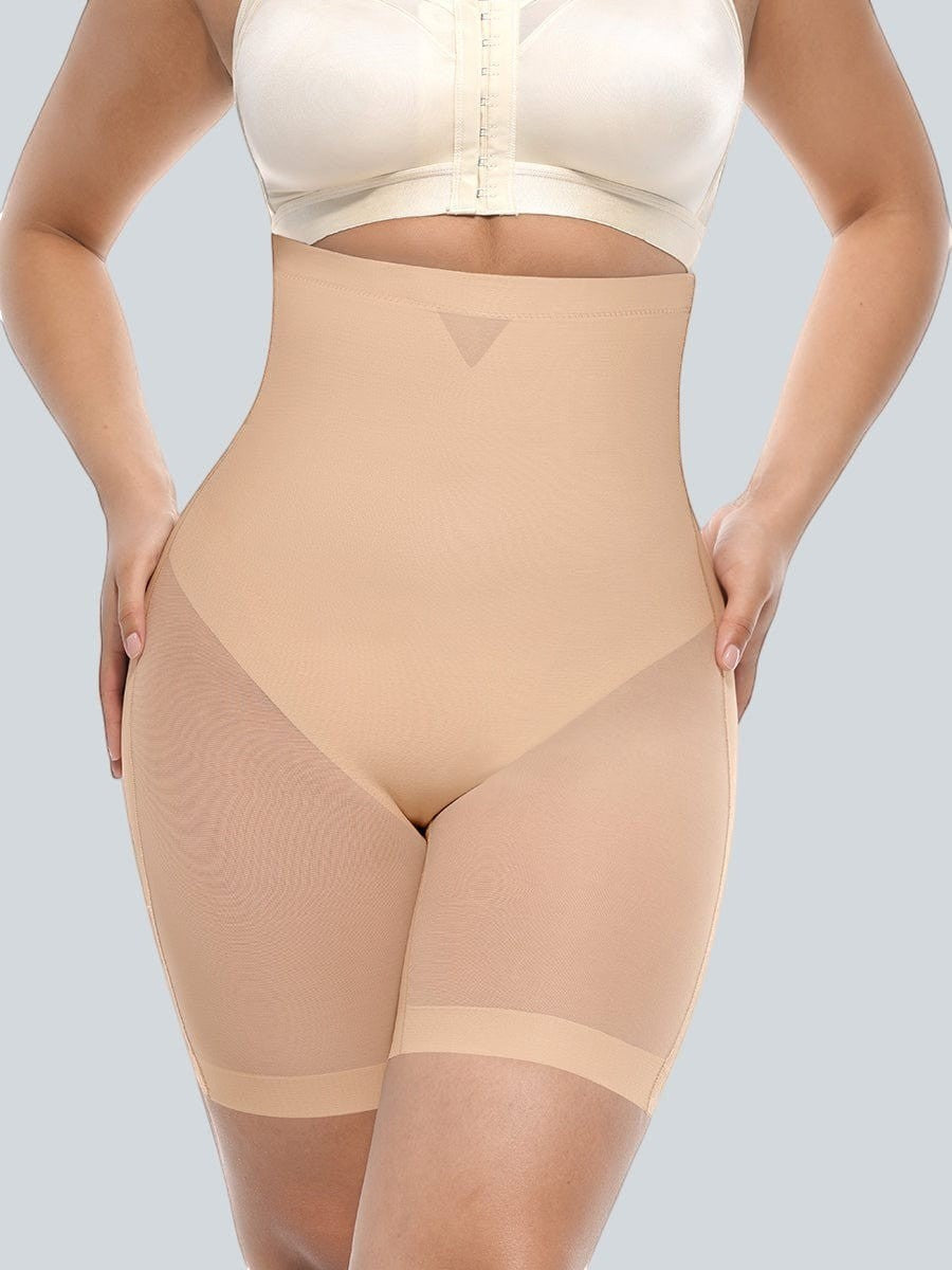 www.modusactive.com nude high-waisted shaping shorts with mesh hip panels and seamless bonded edges.