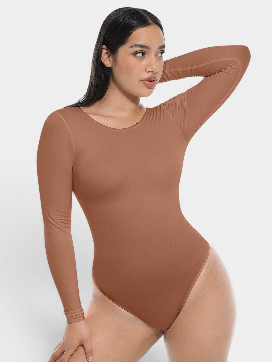 MODUS Sculpt™ Long Sleeve Bodysuit in a warm brown hue, made of nylon and spandex blend with tummy and arm slimming features.