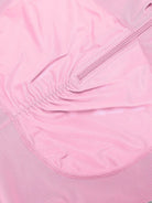 www.modusactive.com pink nylon and spandex bodysuit with triple closure, ruched front, and mesh panels.