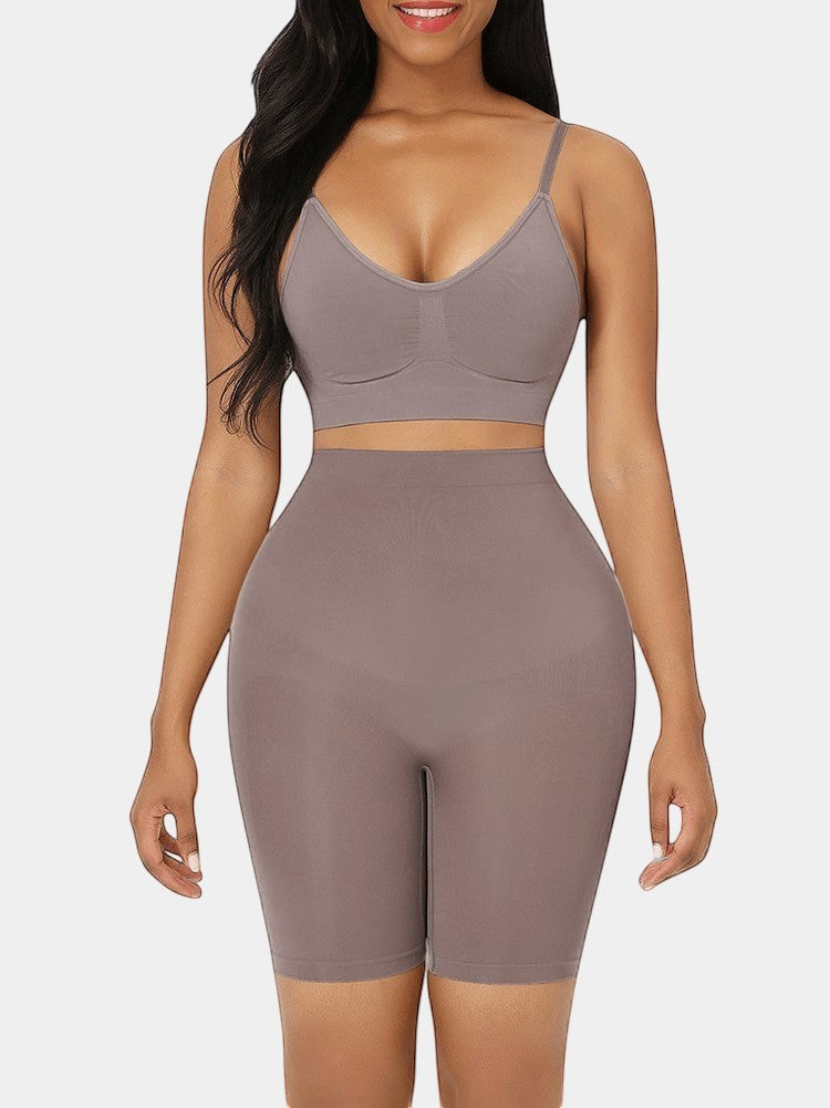 Modusactive taupe seamless high-waist butt lifter shorts made of nylon and elastane, designed for tummy control and slimming.