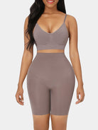 Modusactive taupe seamless high-waist butt lifter shorts made of nylon and elastane, designed for tummy control and slimming.