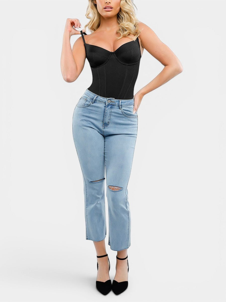 MODUS Sculpt™ Contour Bodysuit, black nylon and spandex blend, underwire cups, adjustable straps, and snap closure.
