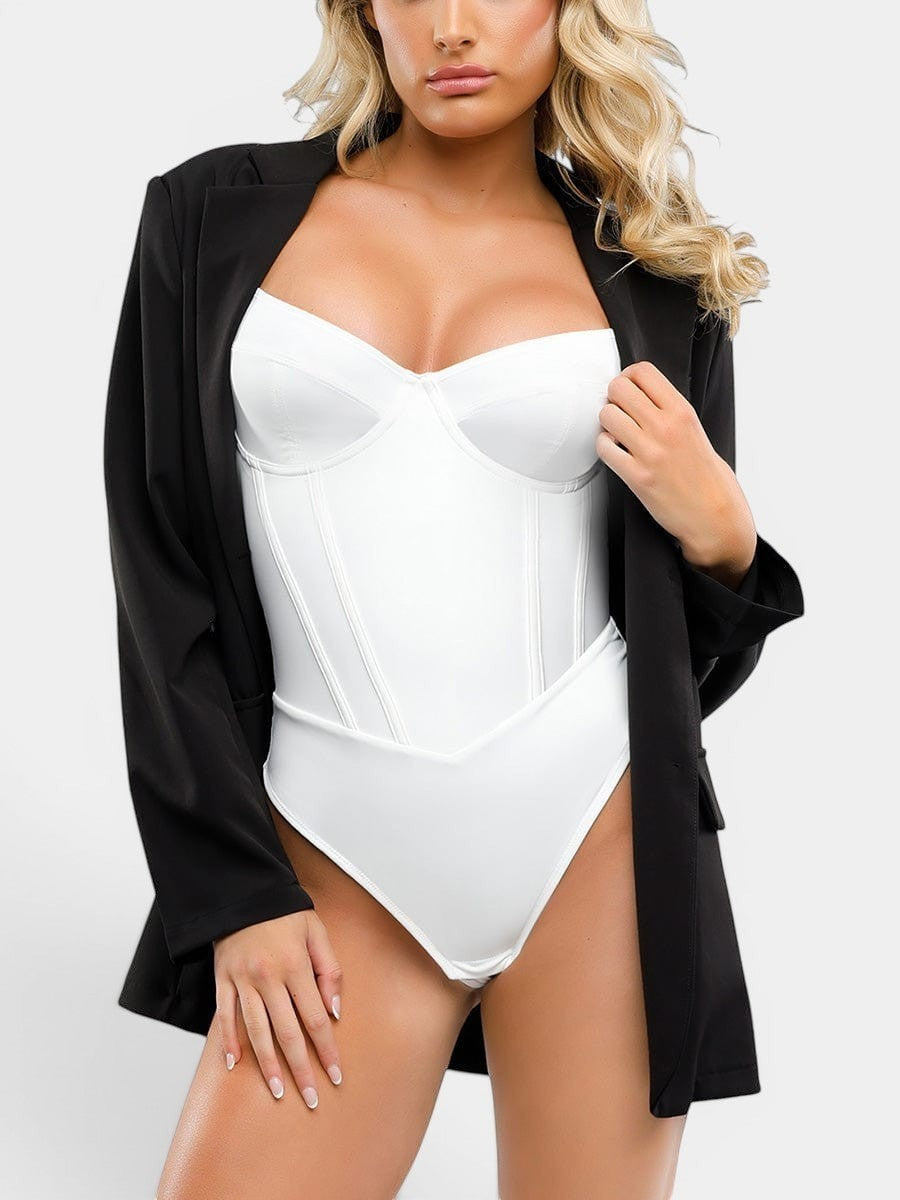 MODUS Sculpt™ white contour bodysuit with built-in shapewear, underwire, and adjustable straps. Nylon/Spandex.