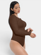 www.modusactive.com Sculpt™ long sleeve bodysuit in brown, made of nylon and spandex, with tummy and arm slimming features.
