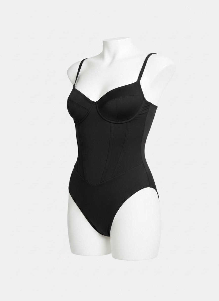 MODUS Sculpt™ black nylon and spandex contour bodysuit with adjustable straps and built-in shapewear.