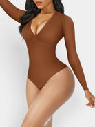 www.modusactive.com brown long-sleeve V-neck bodysuit with thong styling and tummy control