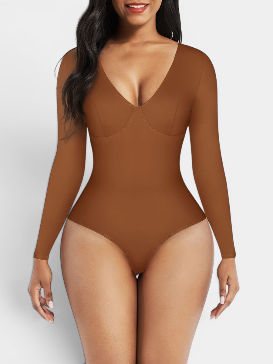 www.modusactive.com Sculpt V-Neck Bodysuit in brown, long sleeve, thong style, made of nylon and spandex blend.
