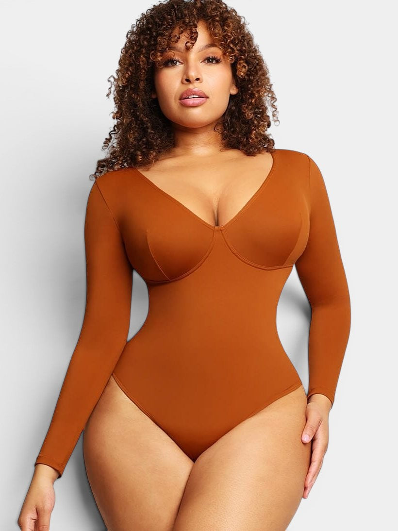 www.modusactive.com Sculpt™ V-Neck Bodysuit in rust brown, long sleeve, thong back, and snap closure.